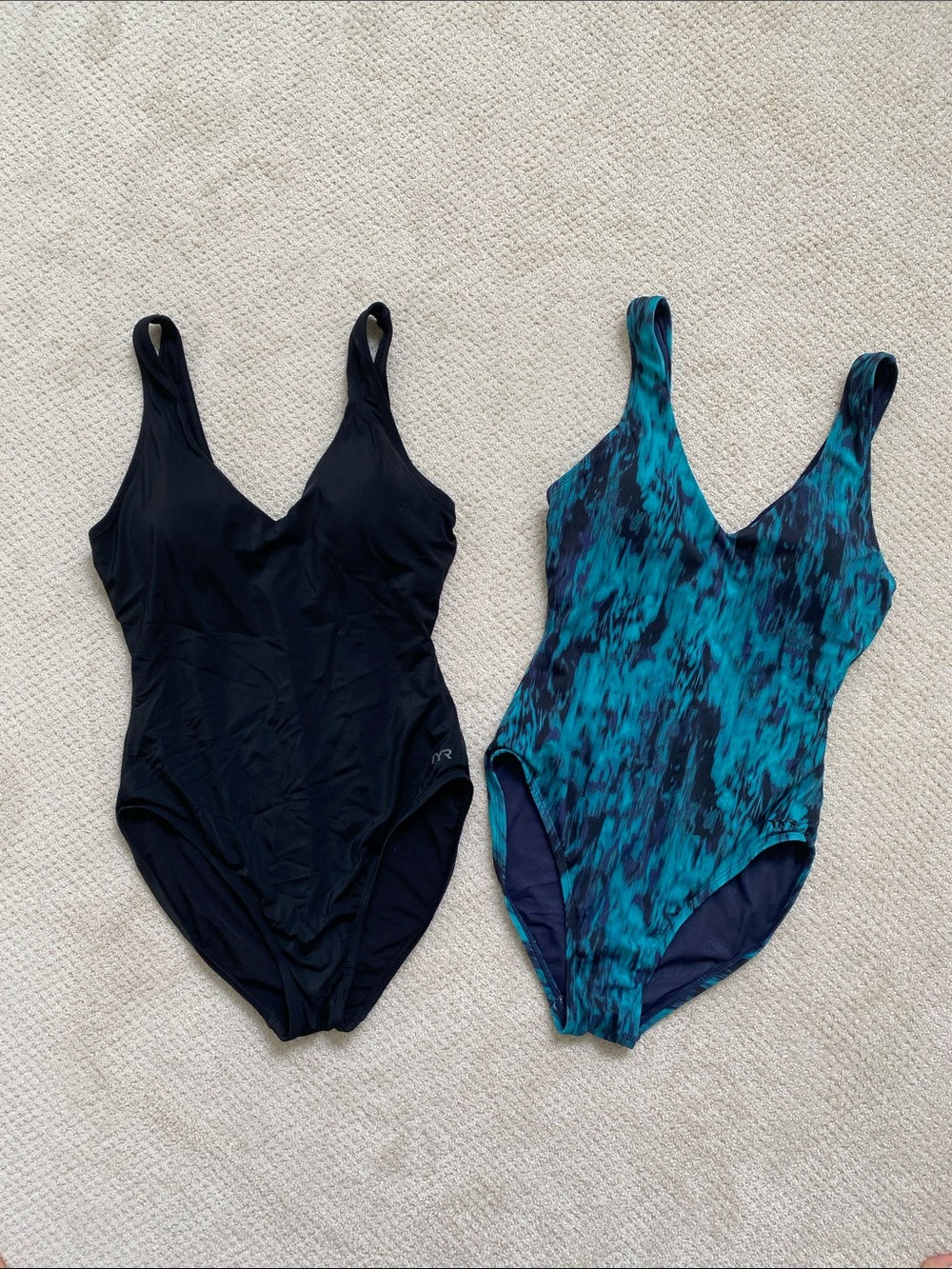 Two Women's Black and multi colored Teal/ Navy Blue One-Piece Swimsuit - TYR